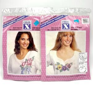 2 Vintage Flower Iron On Transfer Cross Stitch Kits w Floss Thread Roses Pansies